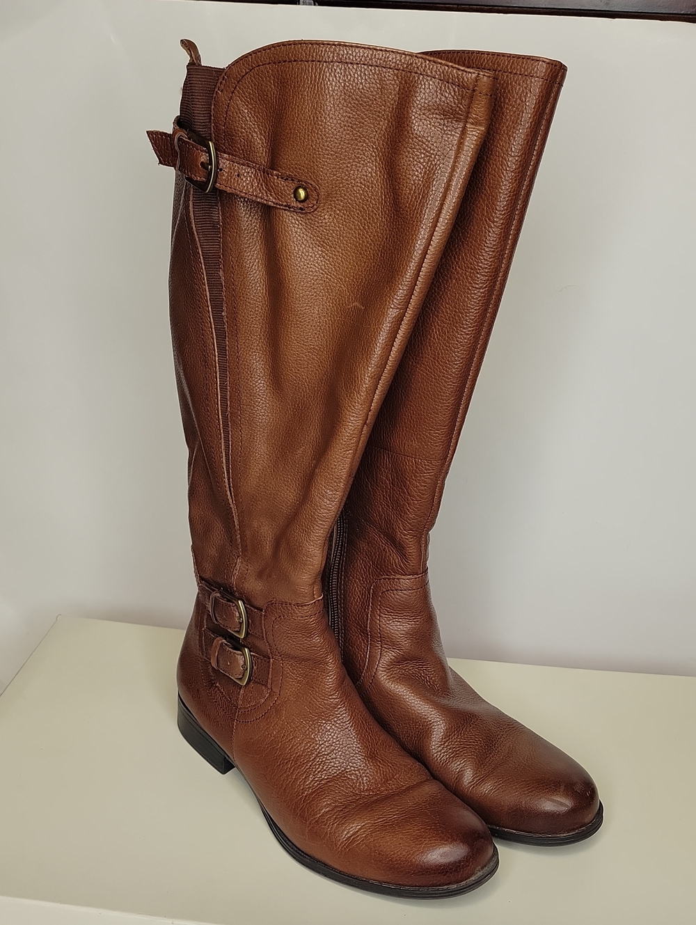 Naturalizer N5 Comfort Cognac Tall Leather Riding Boots with Buckle Detail